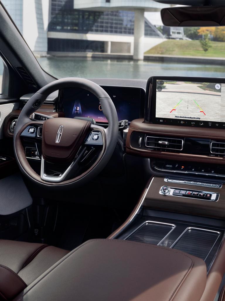 A rear view of what is behind a 2026 Lincoln Aviator is shown in the centre touchscreen