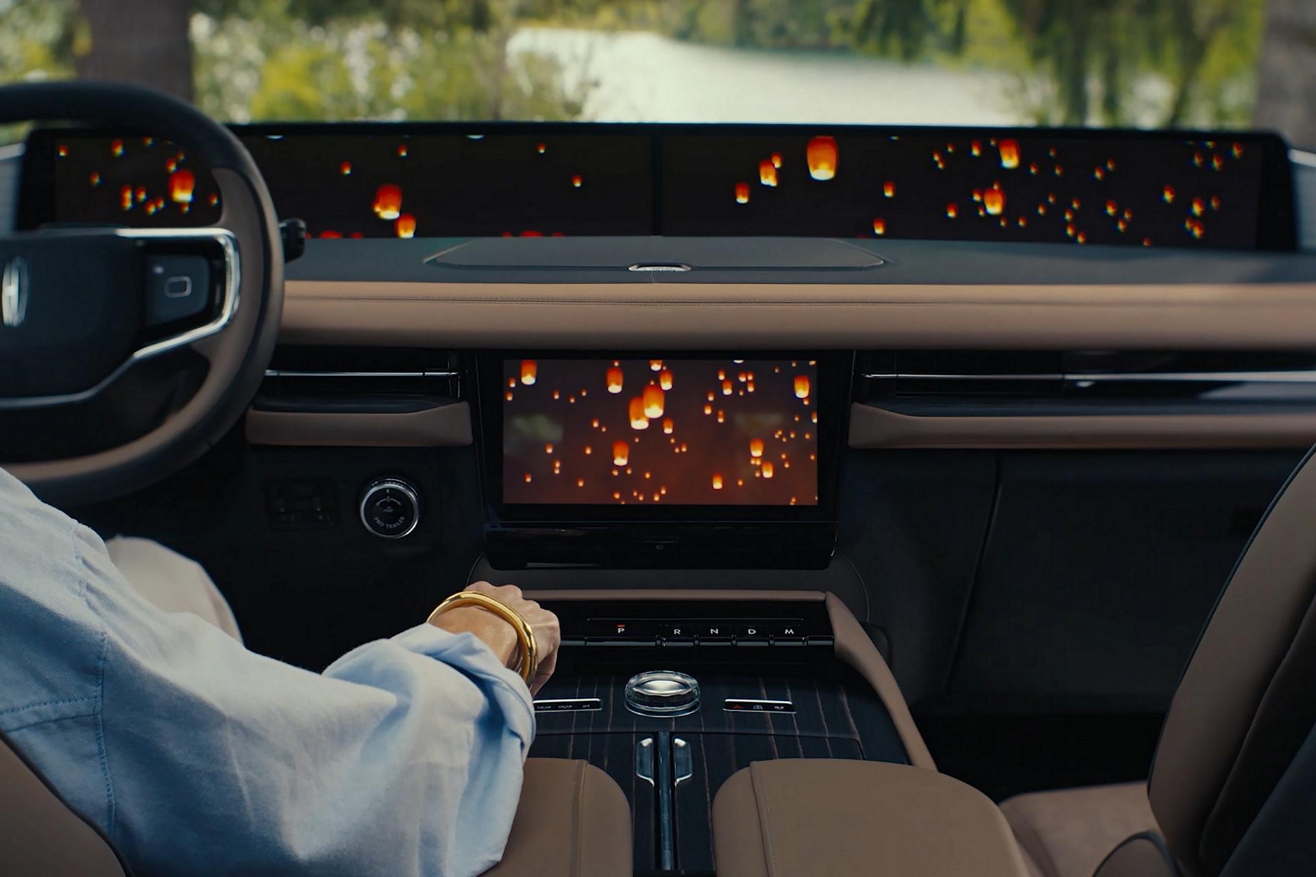 The interior of a 2026 Lincoln Black Label Navigator® SUV with a Lincoln Rejuvenate sequence shown on the panoramic display