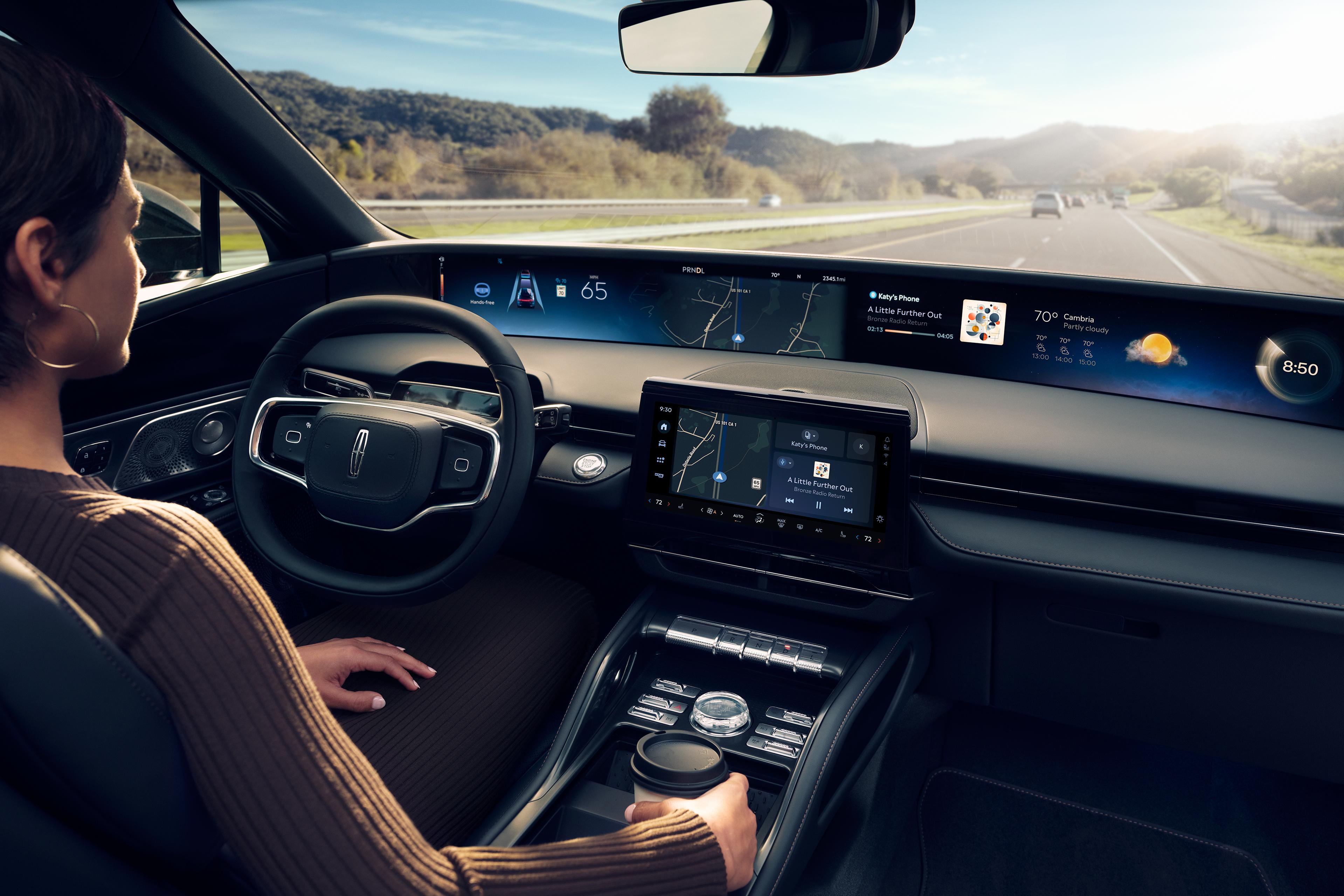 A driver of a 2027 Lincoln Nautilus SUV enjoys hands-free highway driving courtesy of Lincoln BlueCruise