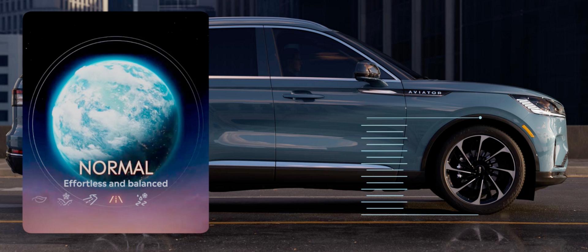 Hash marks are simulated to show how the suspension of a 2027 Lincoln Aviator® can raise and lower