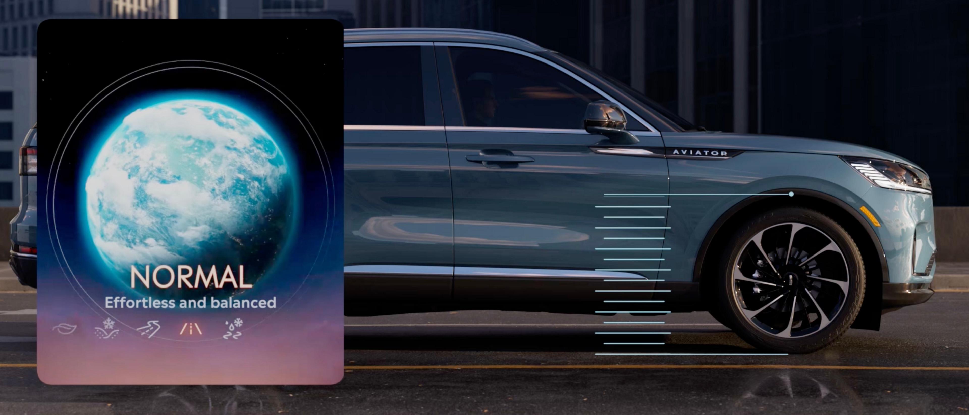 Hash marks are simulated to show how the suspension of a 2027 Lincoln Aviator can raise and lower
