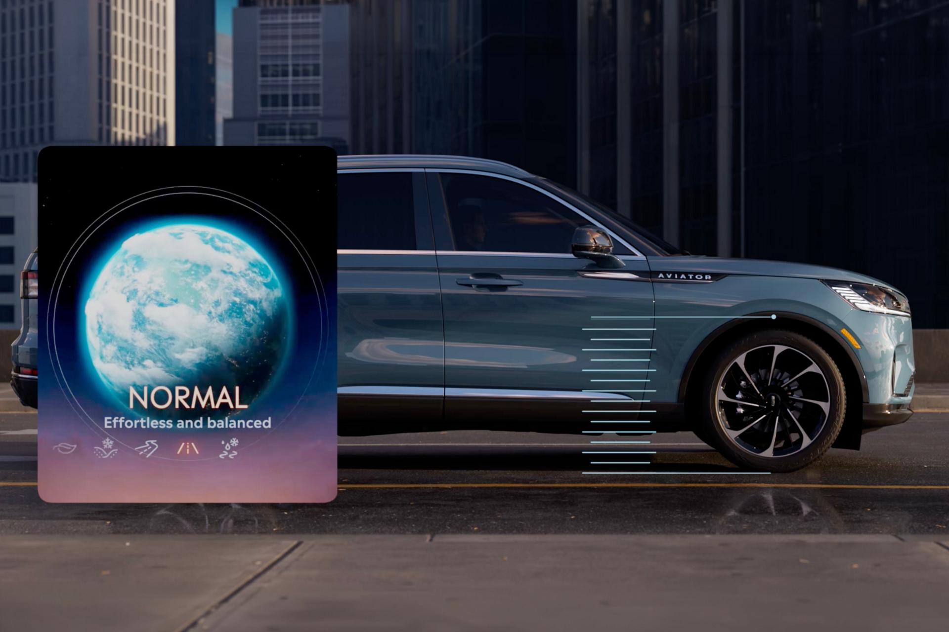Hash marks are simulated to show how the suspension of a 2027 Lincoln Aviator® can raise and lower