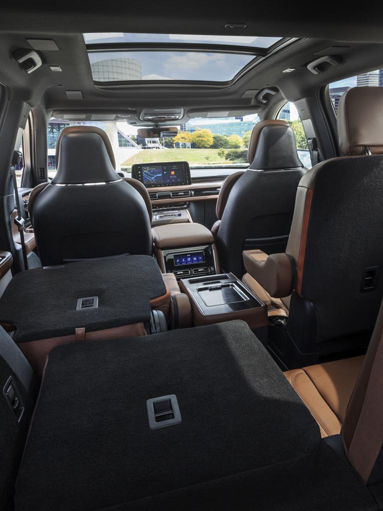 The interior of a 2026 Lincoln Aviator shown from the third row looking forward