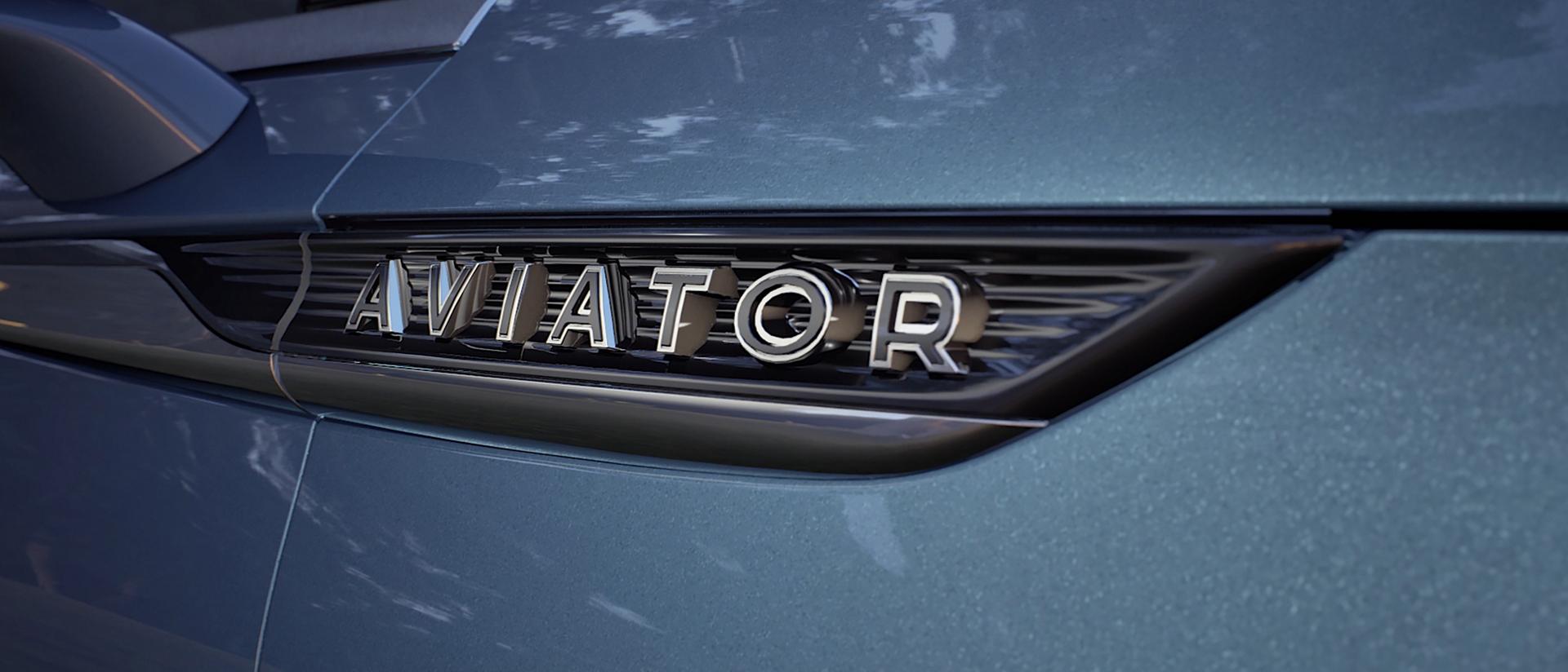Badging on the side of a Lincoln vehicle reads Aviator.