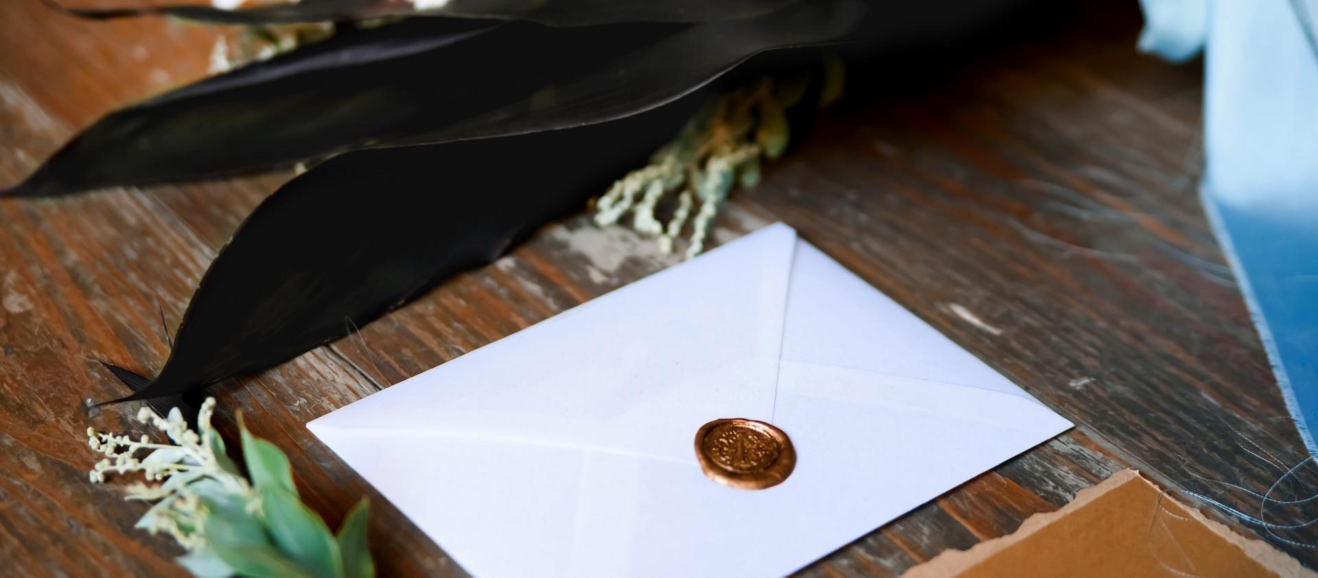 An envelope with a decorative seal holding an invitation lays on a wooden surface with floral arrangements