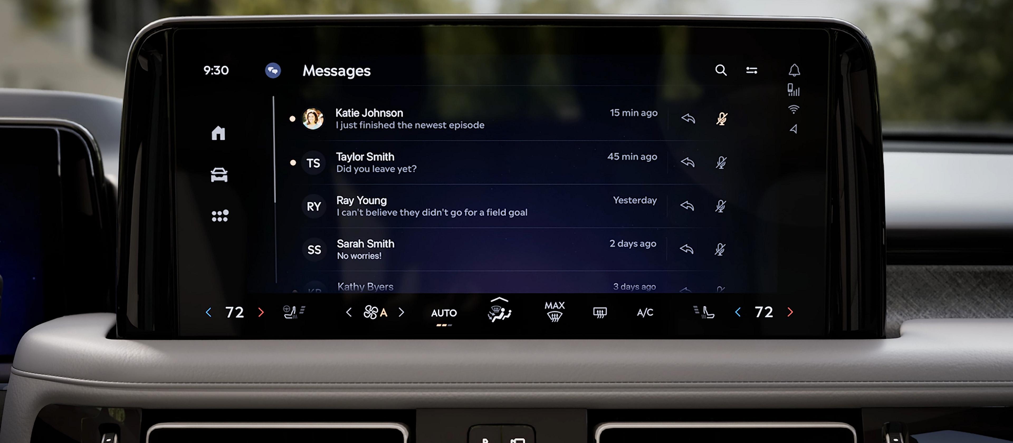 The centre touchscreen of a 2026 Lincoln Aviator displaying text message information