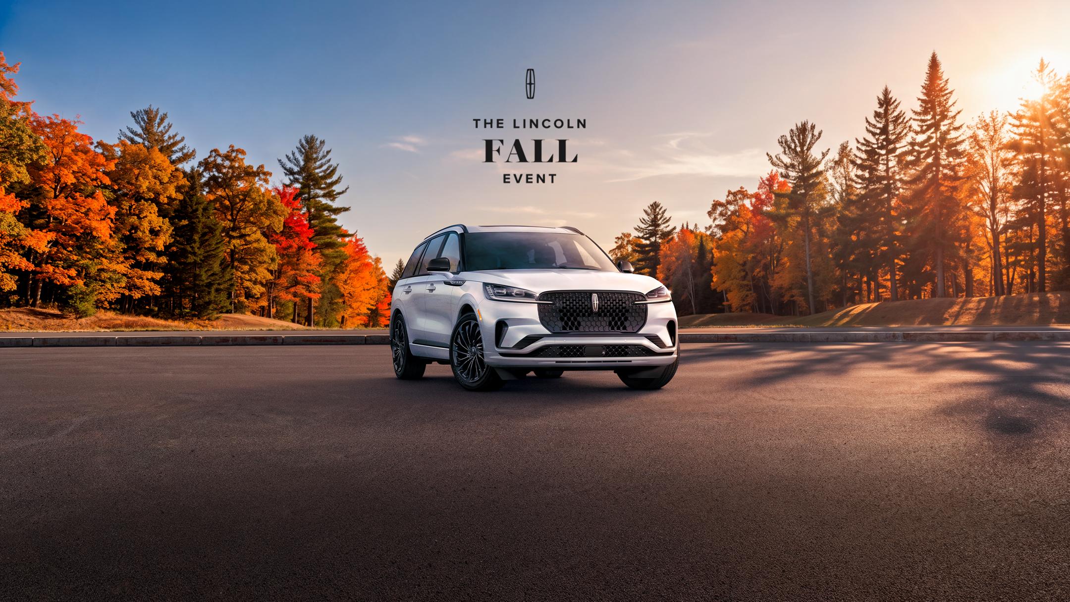 The Lincoln Fall Event. Lincoln Aviator shown with a forest visible in the background.