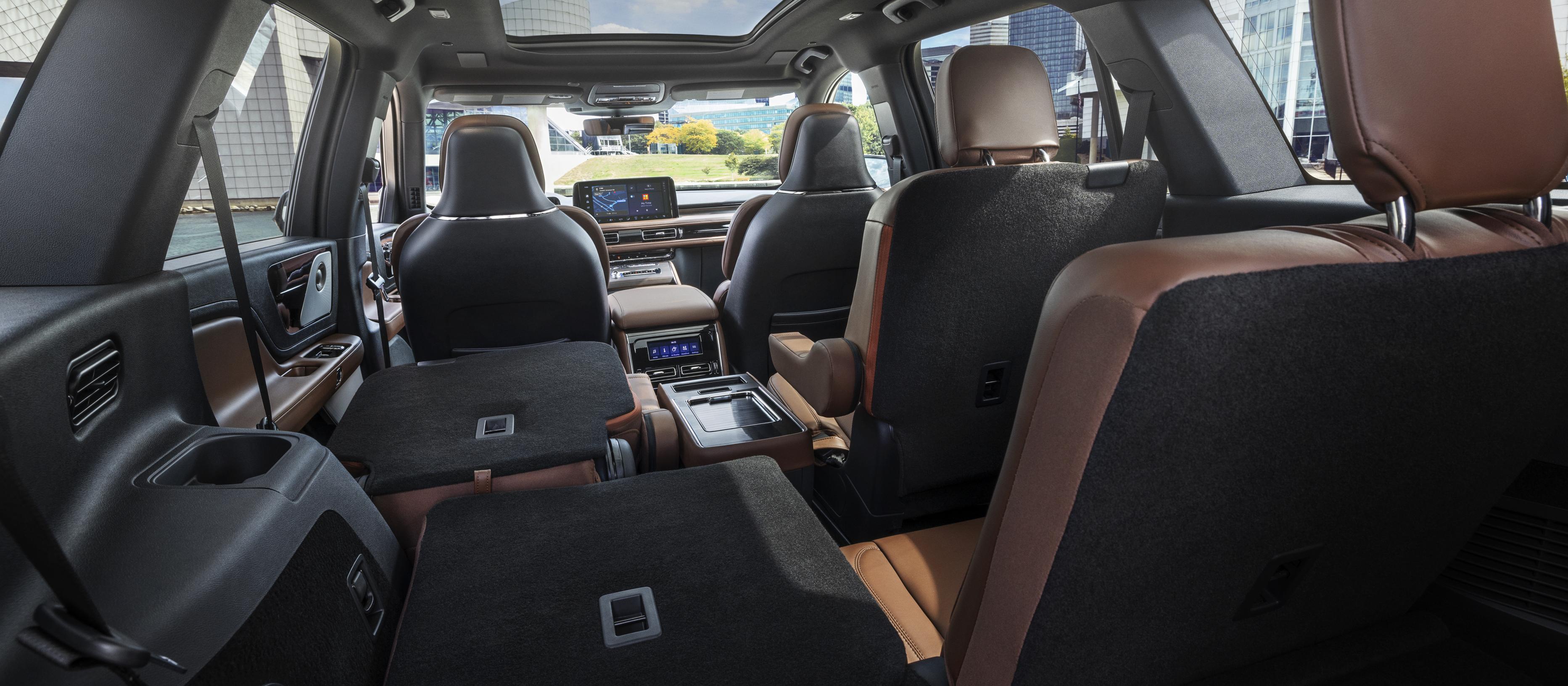 The interior of a 2026 Lincoln Aviator shown from the third row looking forward