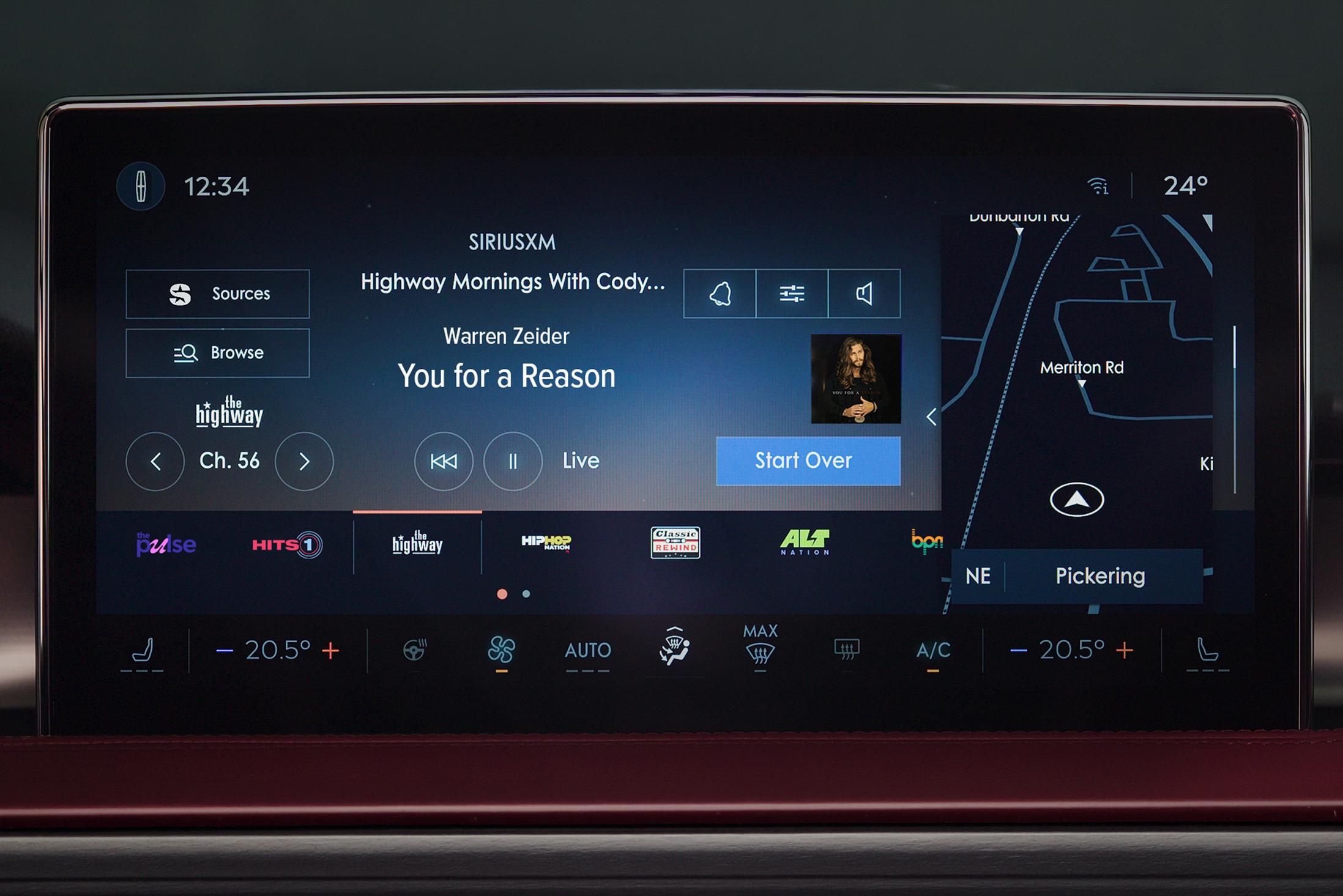 The SiriusXM Radio app is shown on a touchscreen inside a Lincoln vehicle