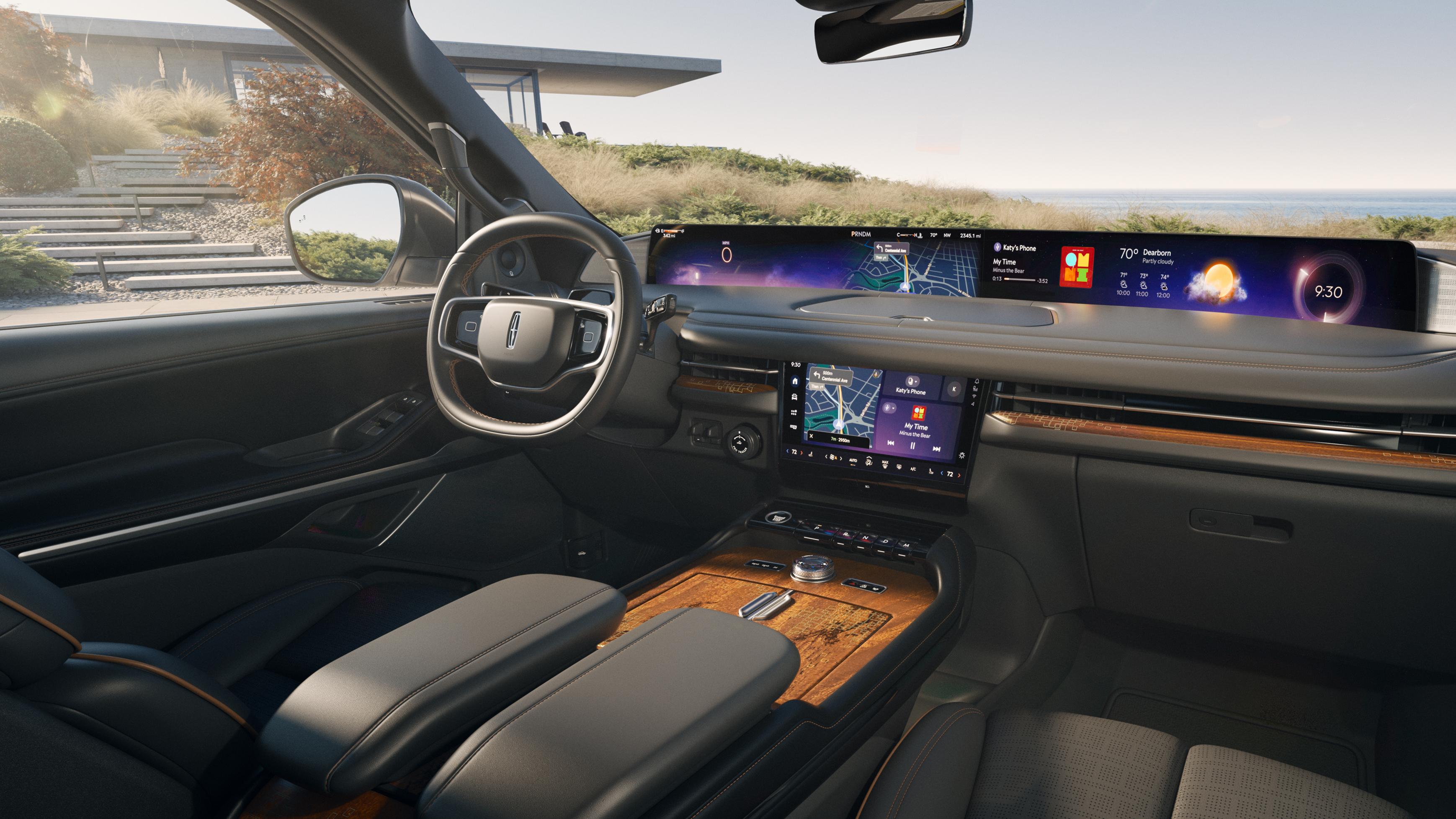 An angled shot of the interior front of a 2026 Lincoln Black Label with the Invitation theme