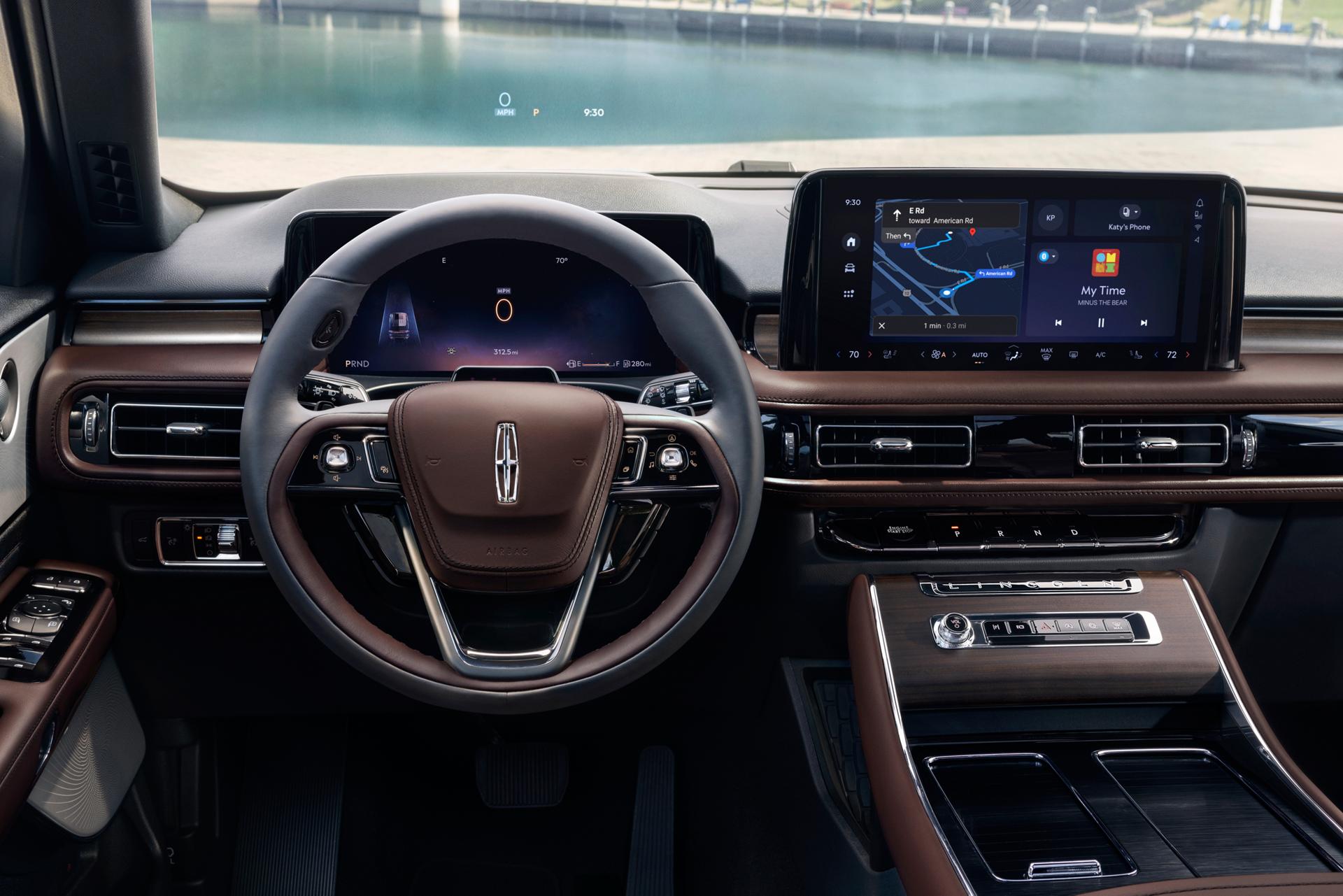Driver information is projected on the windshield by the Head-up display of a 2026 Lincoln Aviator