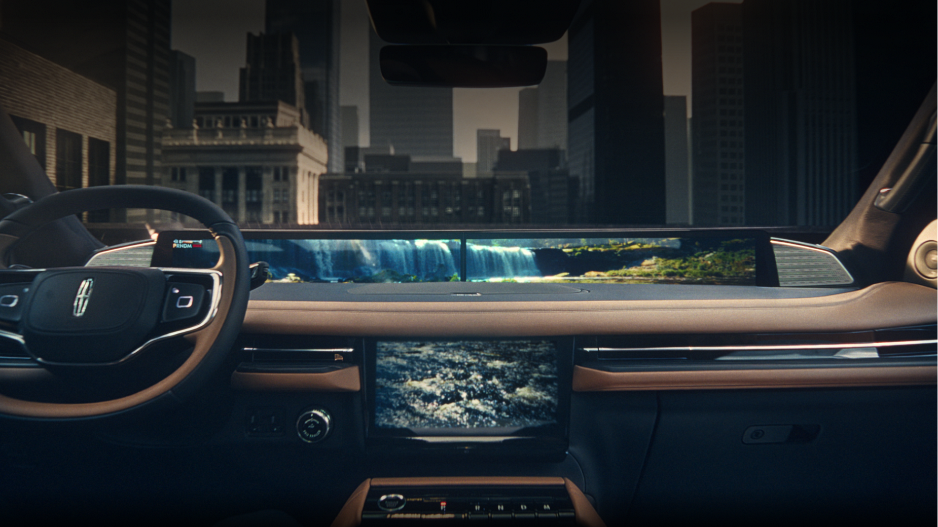 Video preview of the Waterfalls theme showing cascading water on the Panoramic Display.