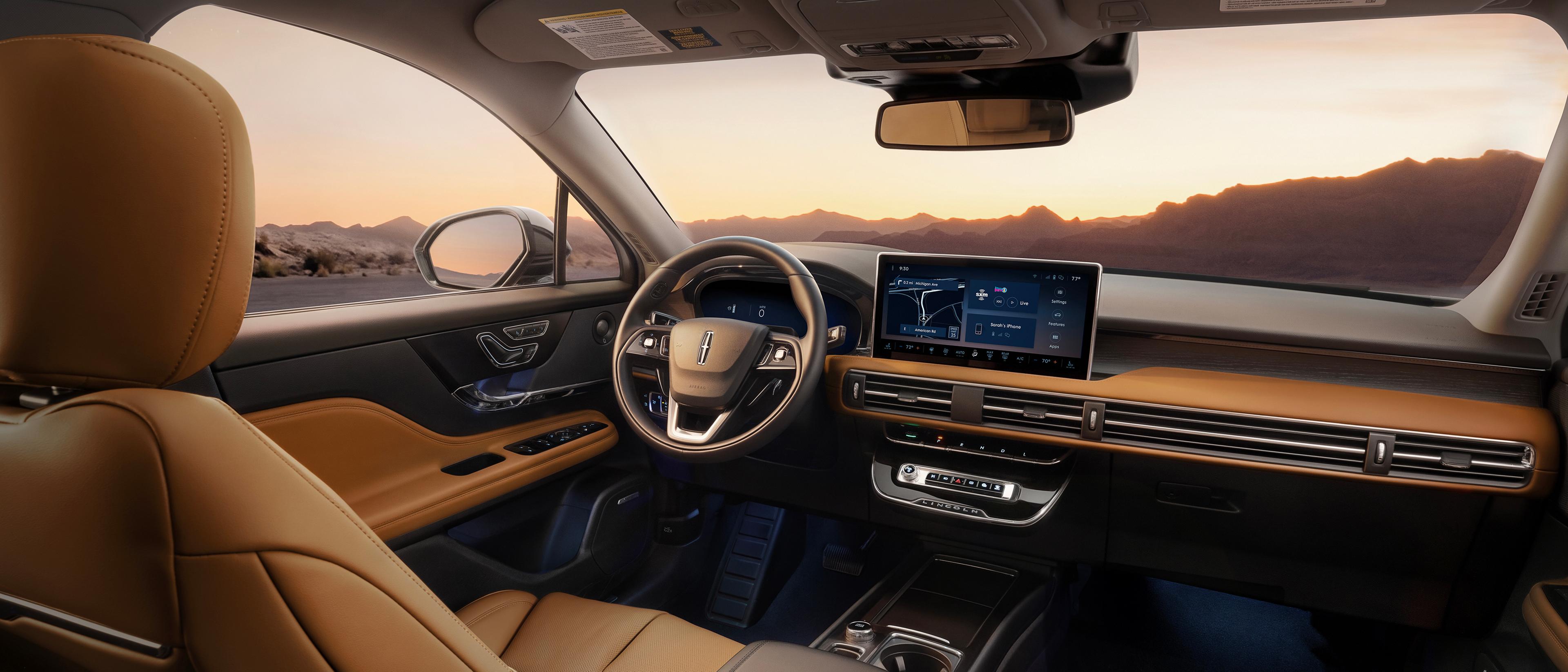 The interior of a 2027 Lincoln Corsair Hybrid with the Stellar Sun interior color