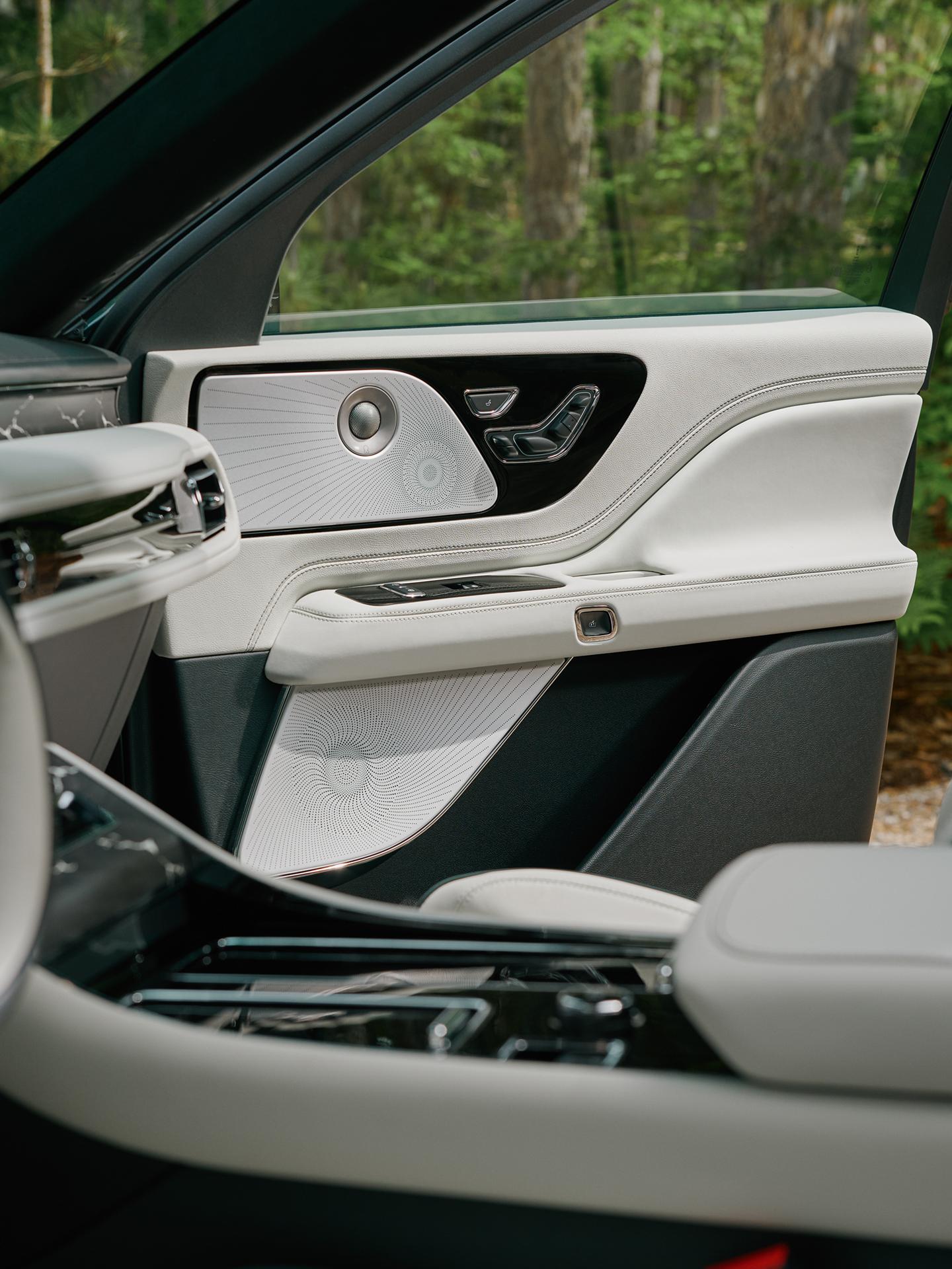 A grouping of audio system speakers in the front passenger door of a 2027 Lincoln Aviator®